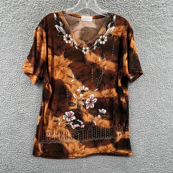 Blue Sky of Florida Women Top One Size Brown Sparkle Pullover Short Sleeve Shirt - Picture 1 of 7